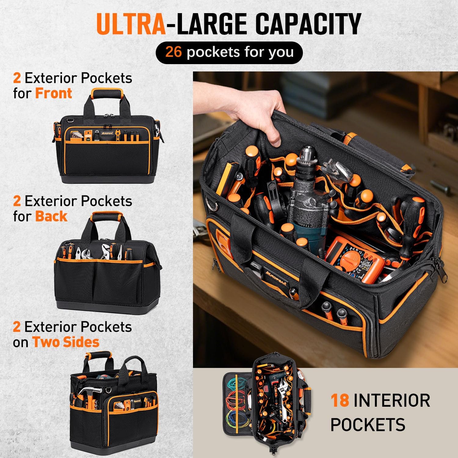 Electrician Tool Bag 17-Inch, 17IN Hard Bottom Bag, Black-orange