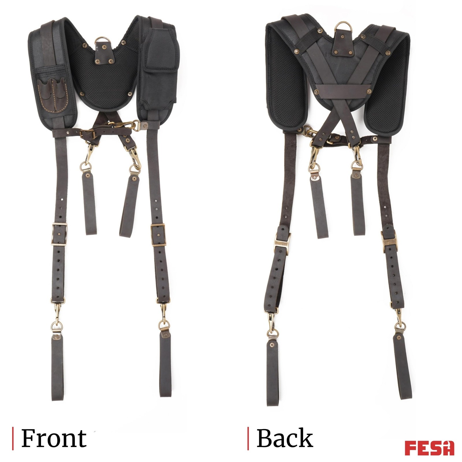 Leather Tool Belt Suspenders for Men with Breathable Mesh Padding, Front Pock…