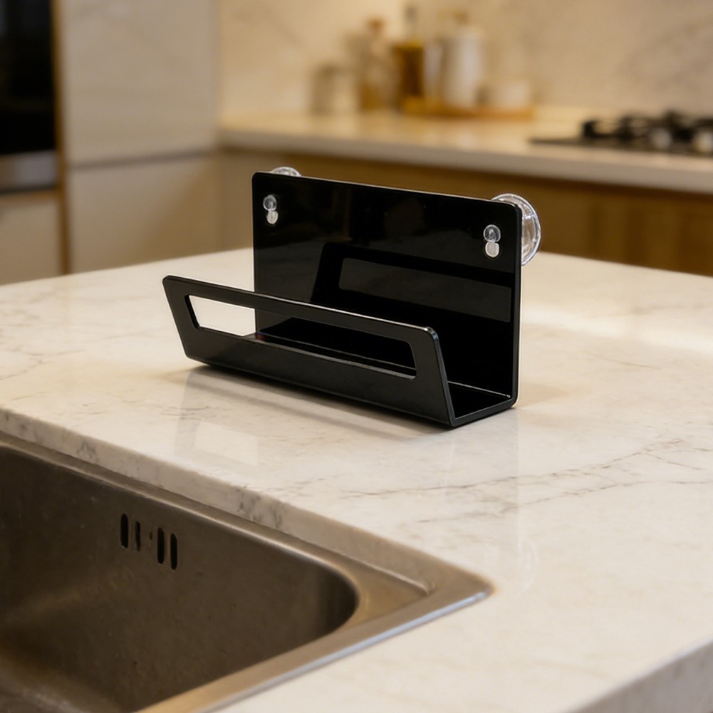 Modern Black Acrylic Sponge Holder Designed for Sink Overhang – Suction Mounted