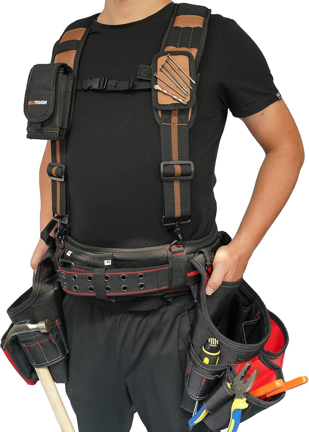 Professional Heavy-Duty Tool Belt with Suspenders & Magnetic Wristband