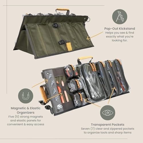 Heavy Duty Roll Up Tool Bag Organizer with Kickstand, 7 Pockets, Adjustable