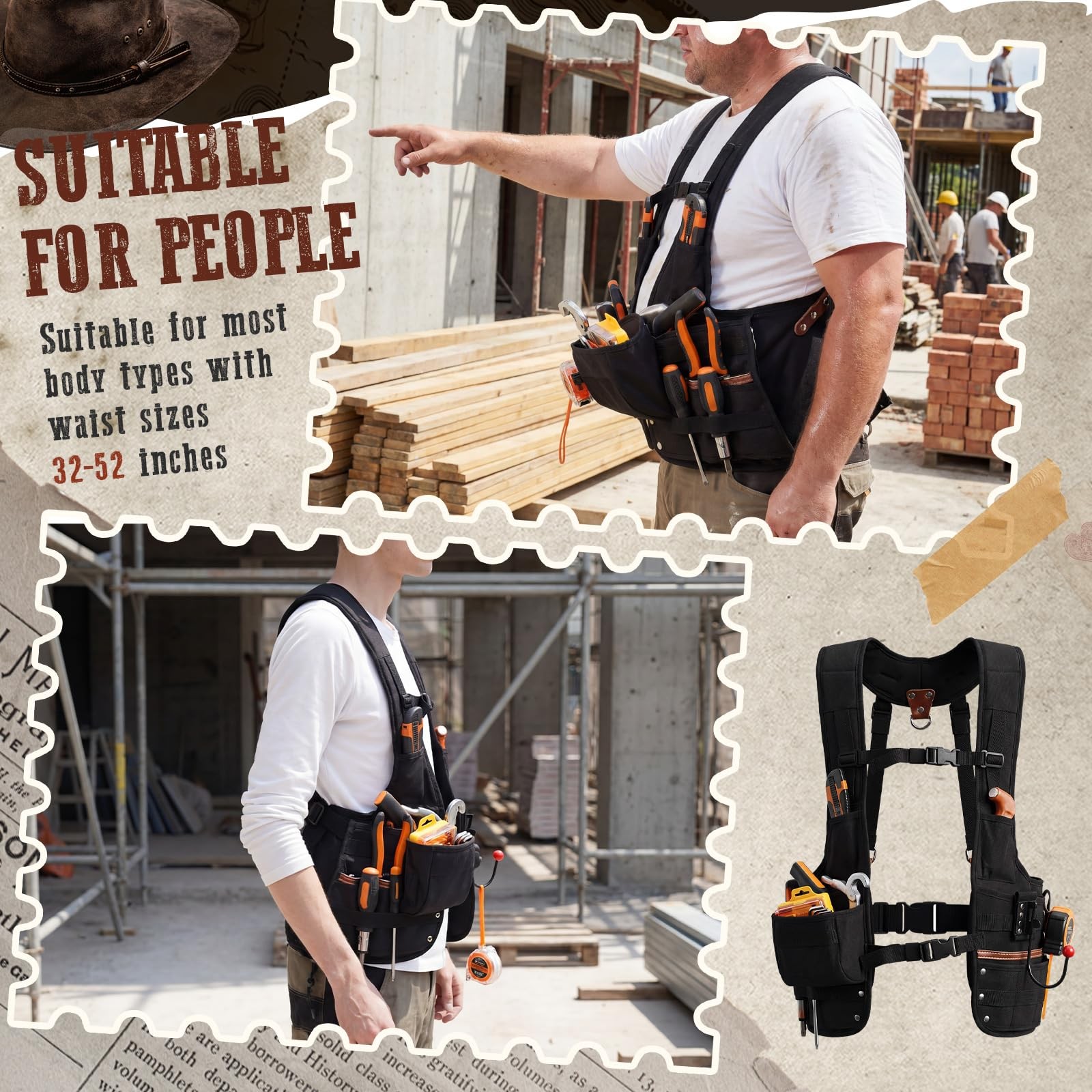 1 Pack Tool Vest with Leather, 33 Pockets with Removable Nail Pouch and Drill.