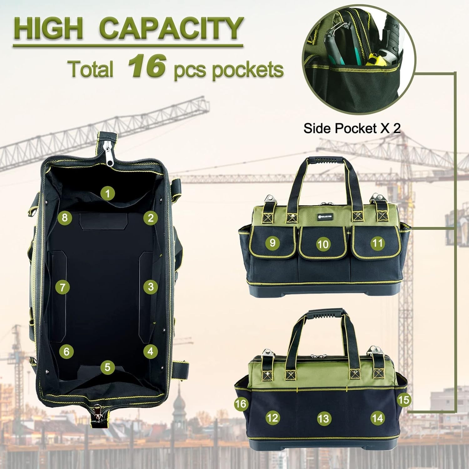20in Heavy Duty Tool Bag Wide Mouth Tool Tote Waterproof Base Shoulder Strap Org