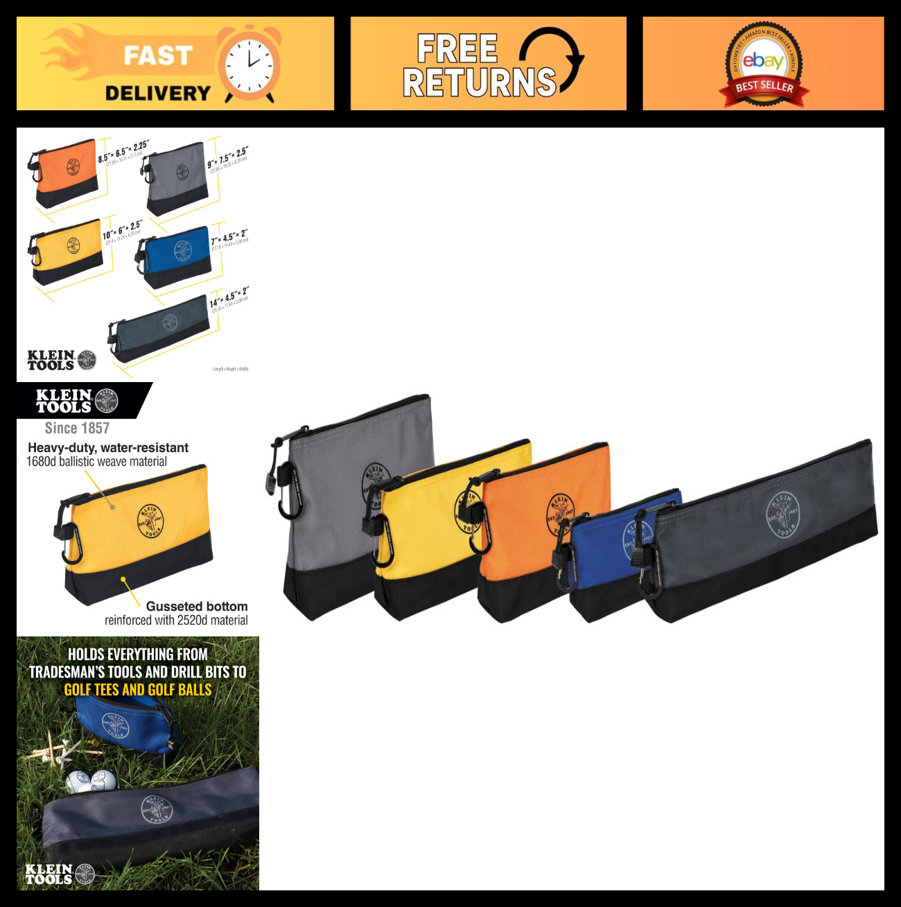 Stand-Up Zipper Tool Pouch 5-Pack with Carabiners, Water Resistant, Reinforced B