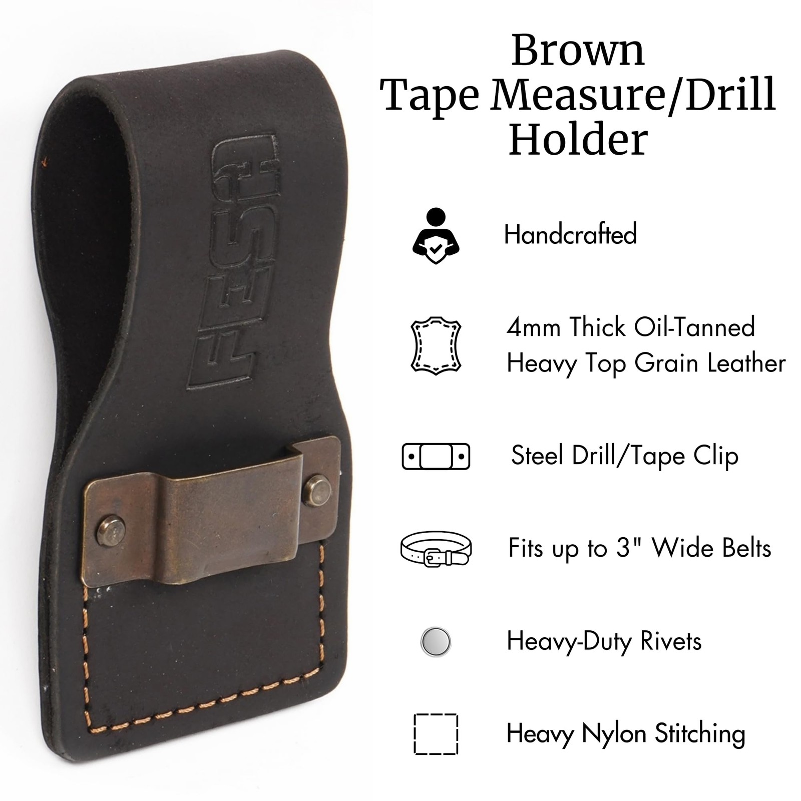Leather Tape Measure Holder Grain Tool Belt Steel Clip Fits Belts up 3″ Brown
