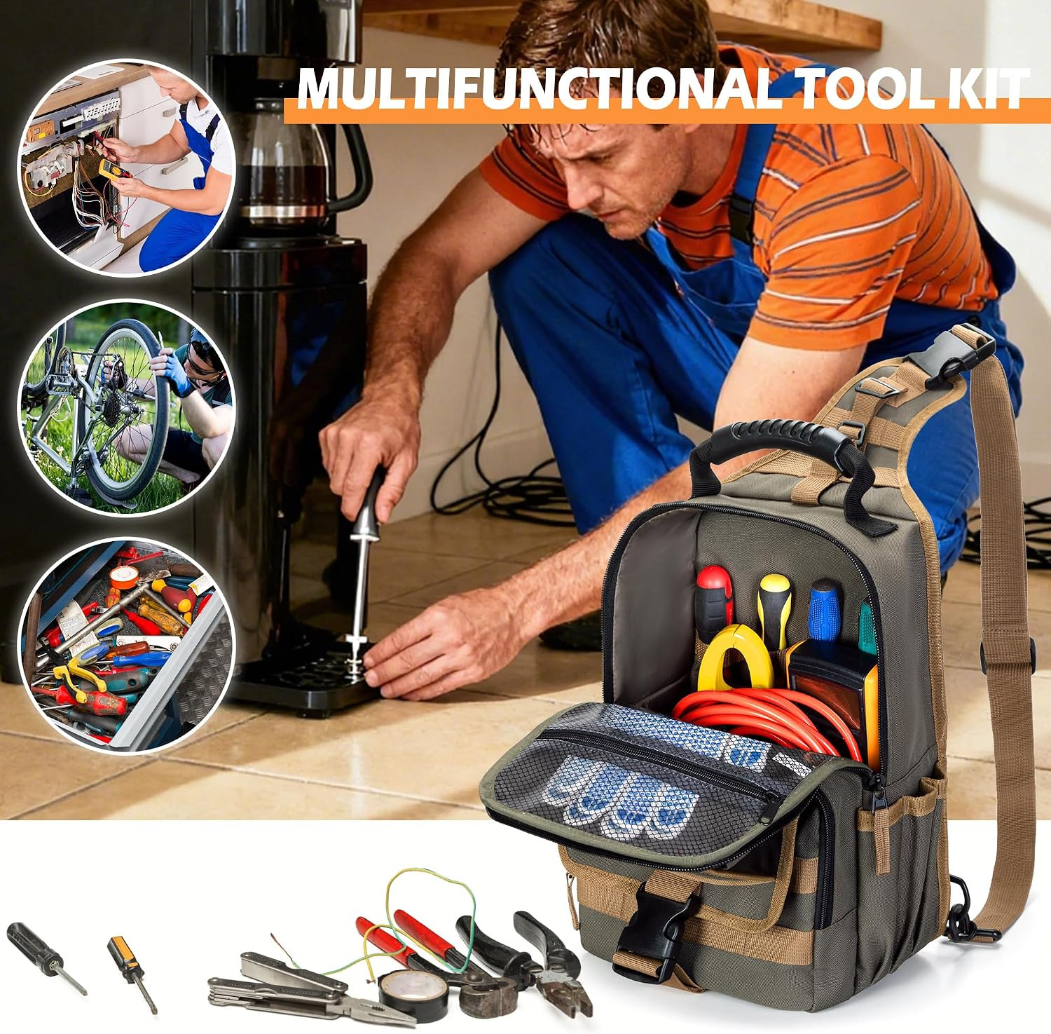 Electrician Tool Pouch Bag, Zippered HVAC Tool Organizer with Ergonomic Handle a