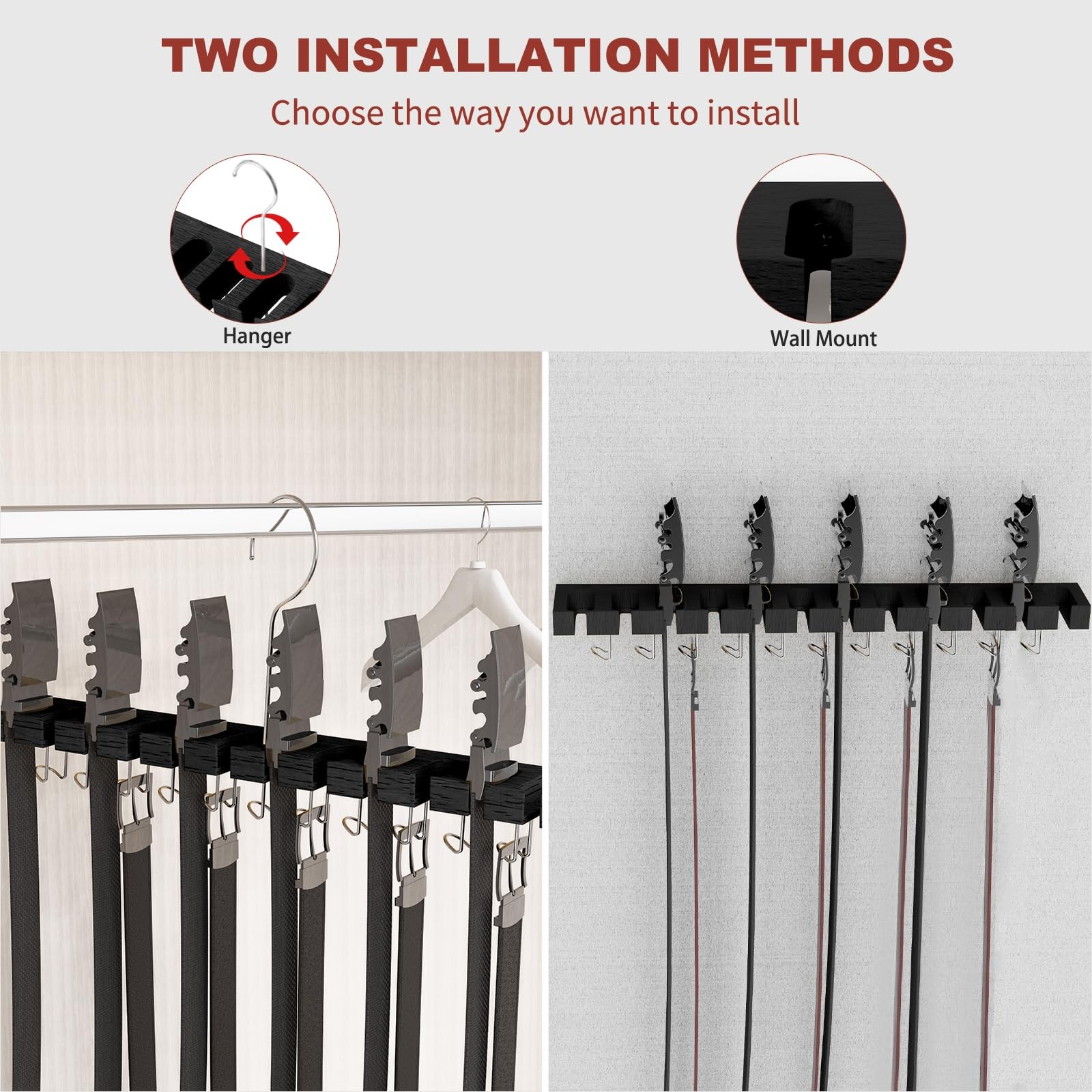 Cuipingoo Belt Hanger for Closet Max 42 Belts, 2-in-1 Wall Mount Black