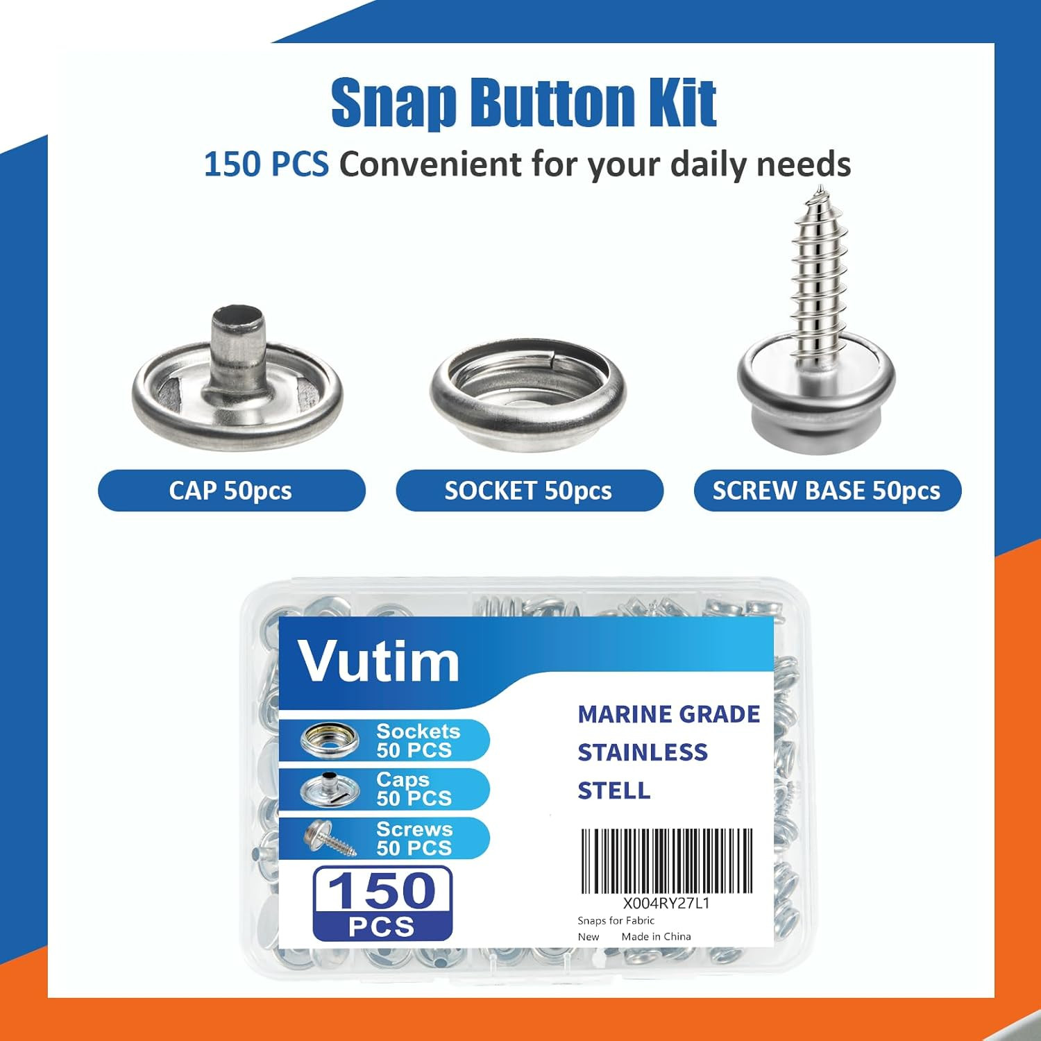 150 PCS Canvas Snap Fastener Kit 3/8″ Stainless Steel Marine Grade Repair Set
