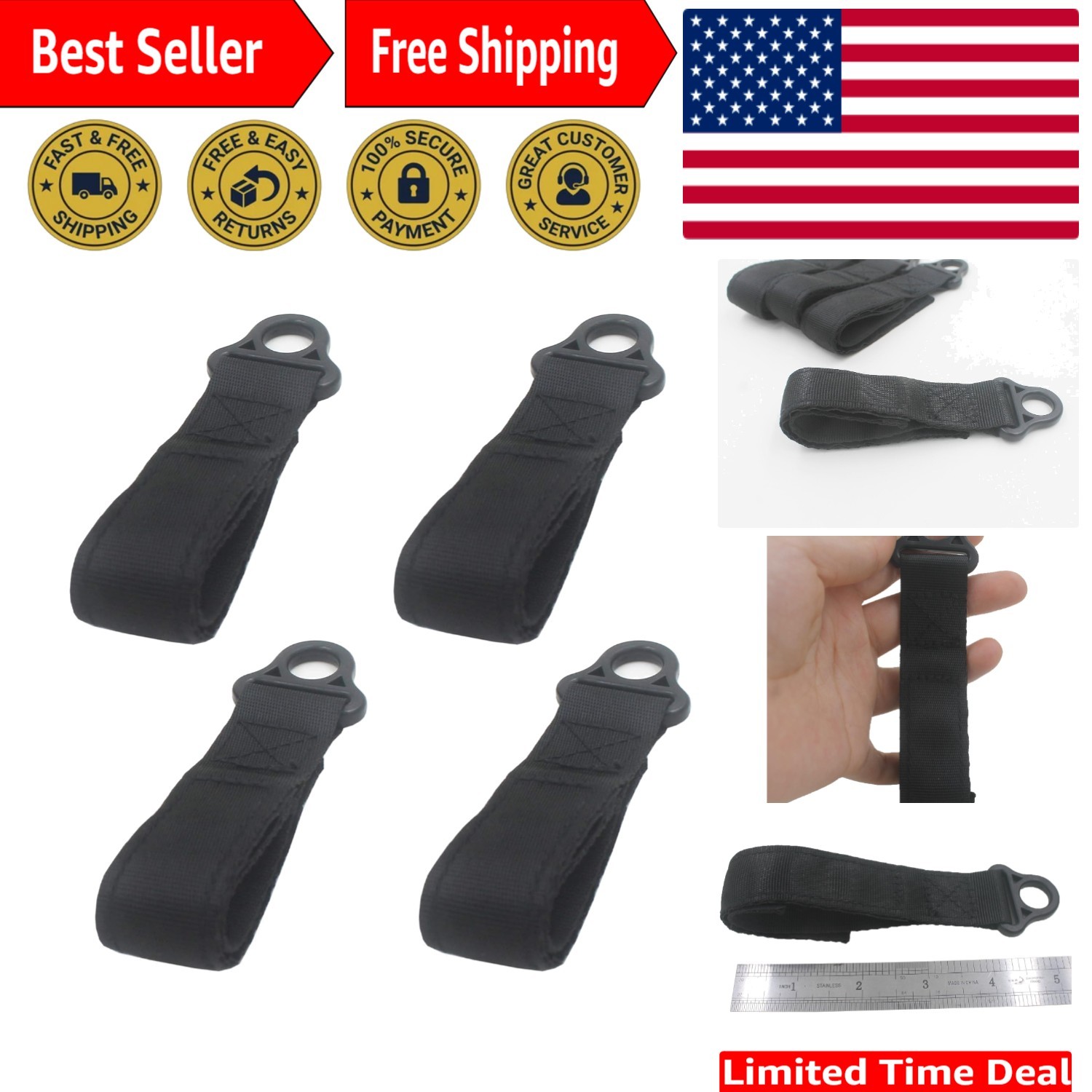 4-Pack Heavy Duty Tool Belt Suspender Loop Connectors – Black Nylon, 2.5 Inch