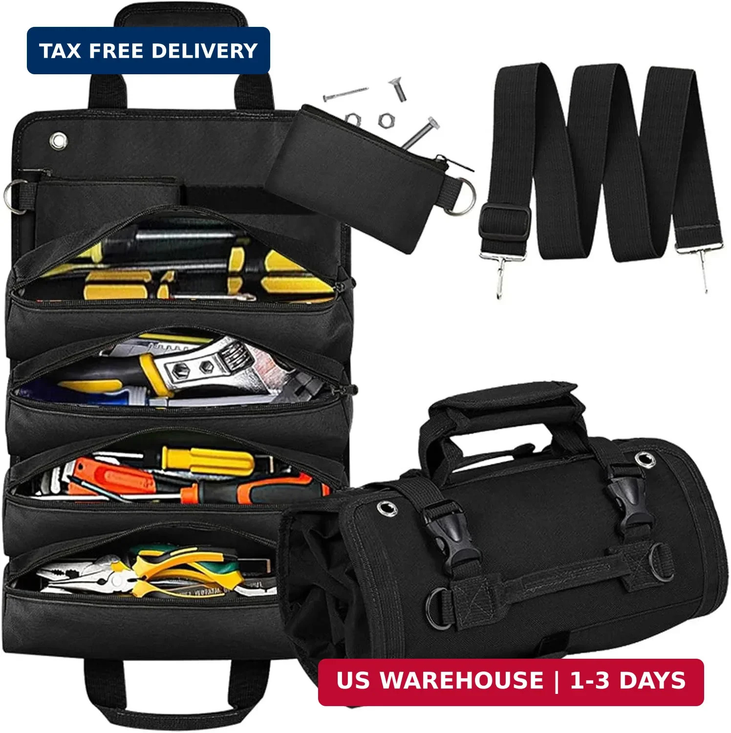 Roll Up Tool Bag, Portable Folding Tool Roll with Detachable Pouch, Heavy Duty M