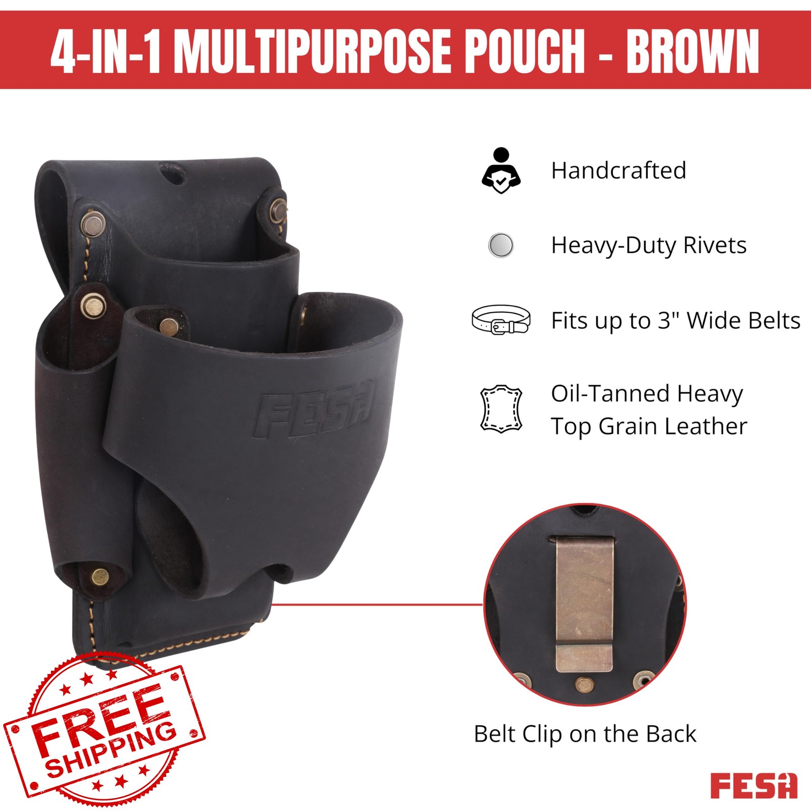 FESA Small Leather Tool Pouch, 4-in-1, Tape Holder, Fits 3″ Belt