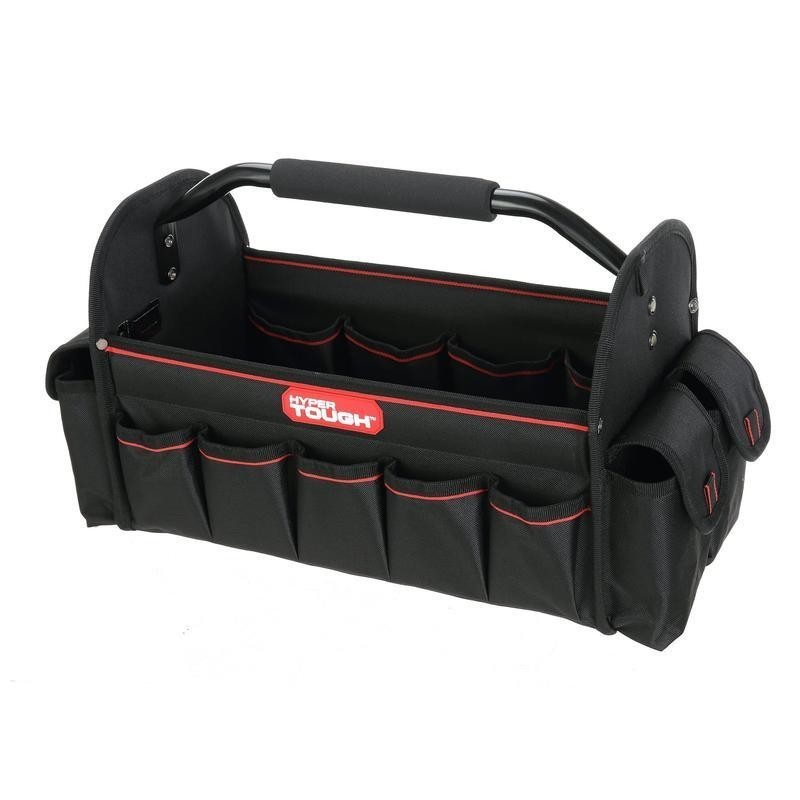 16in Open Top Tool Tote Durable Tool Bag W/ 20 Pockets & Foam Grip Handle Black