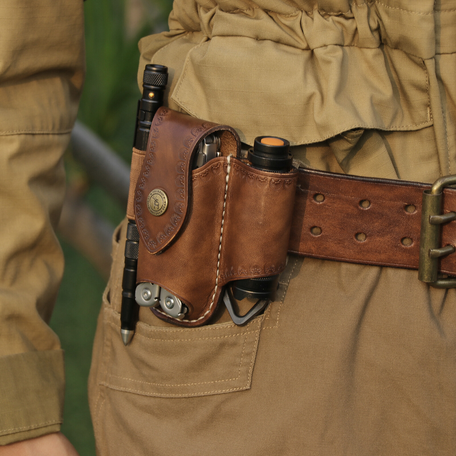 Tourbon 3-Way Tool Carrier Belt Pouch Folding Knife/Flashlight/Pencil Holster US