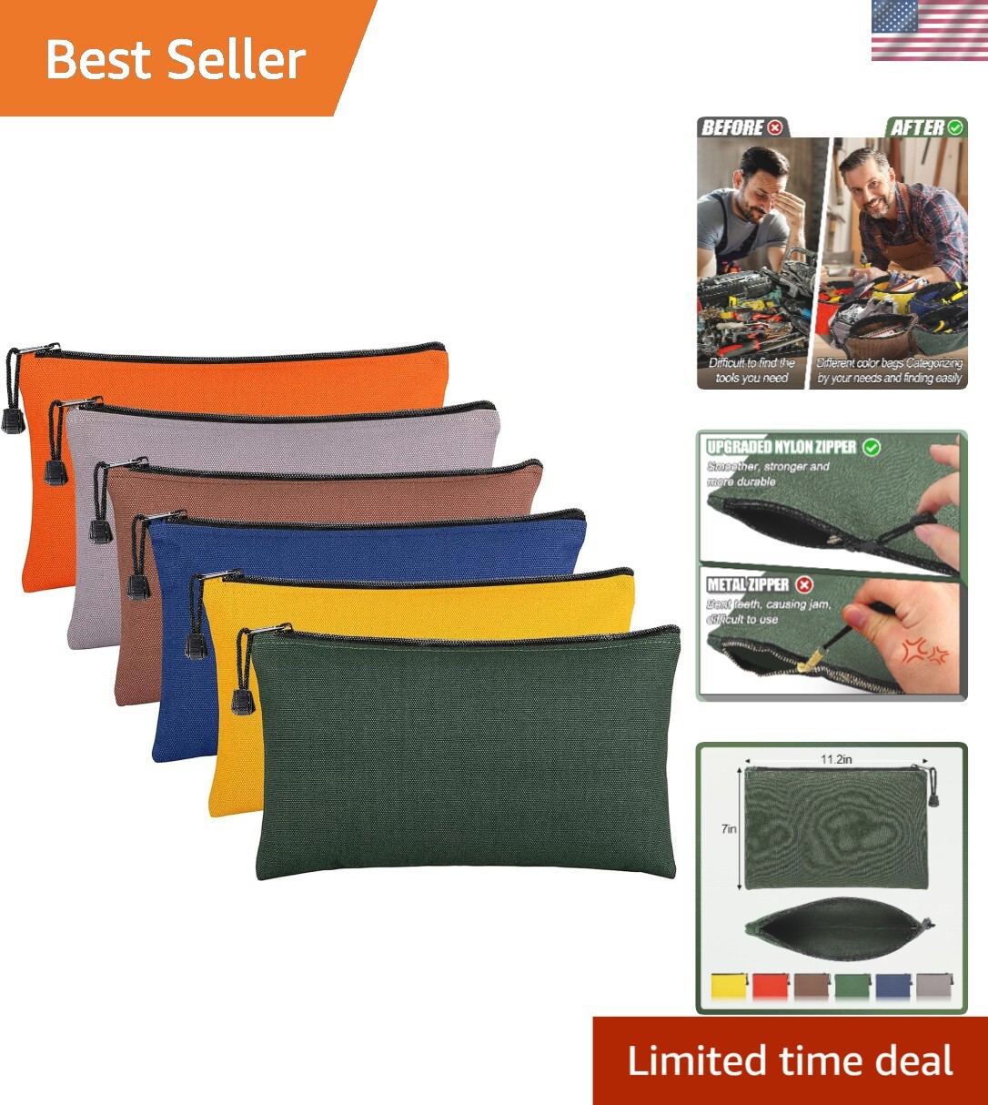 6 Pack Canvas Tool Bags – Heavy Duty Zipper Pouches, 11.2»x 7» Multicolor Set