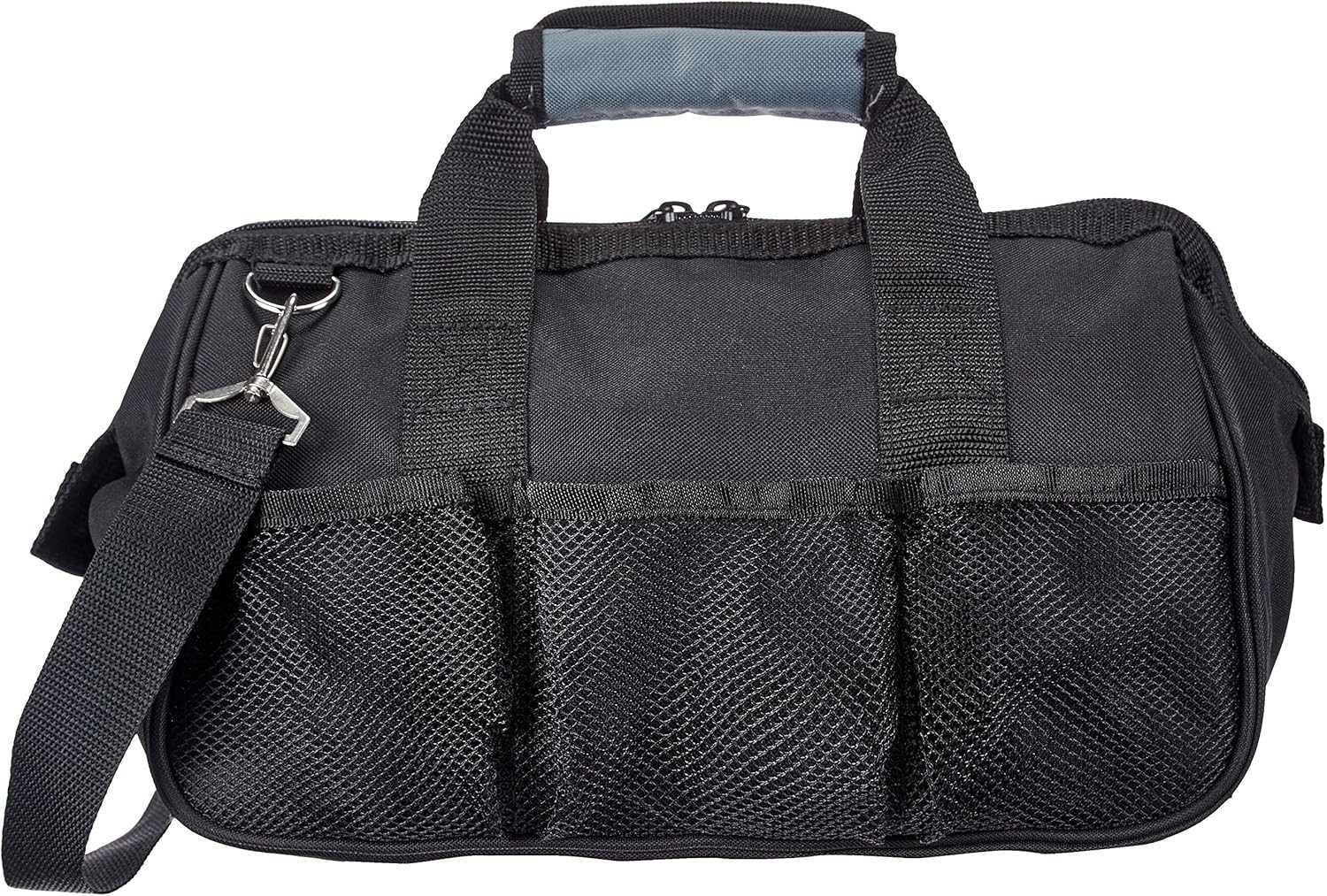 Durable Tool Storage Bag with 16 Pockets & Adjustable Strap, 12in, Black & Gray