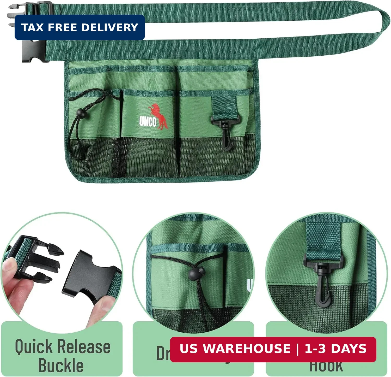 UNCO- Adjustable Gardening Belt, Green, 7 Pockets, Wear, Cut and Water Resistant