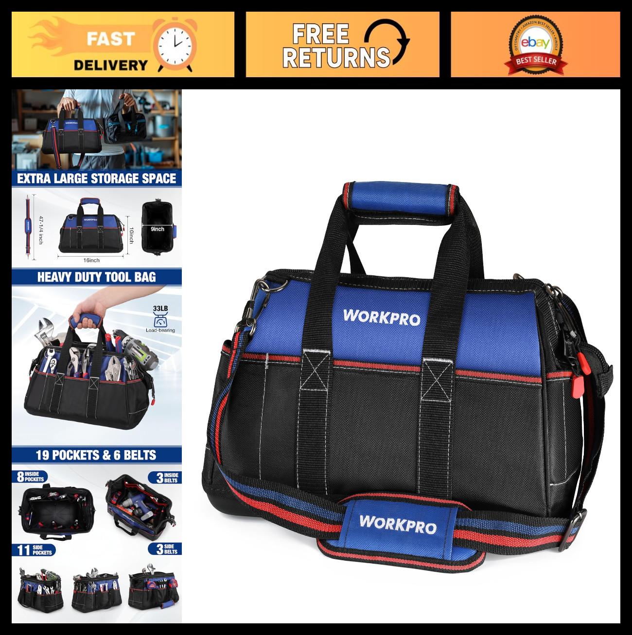 16″ Wide Mouth Tool Bag – Heavy Duty Cloth Storage, Waterproof Base, Adjustable