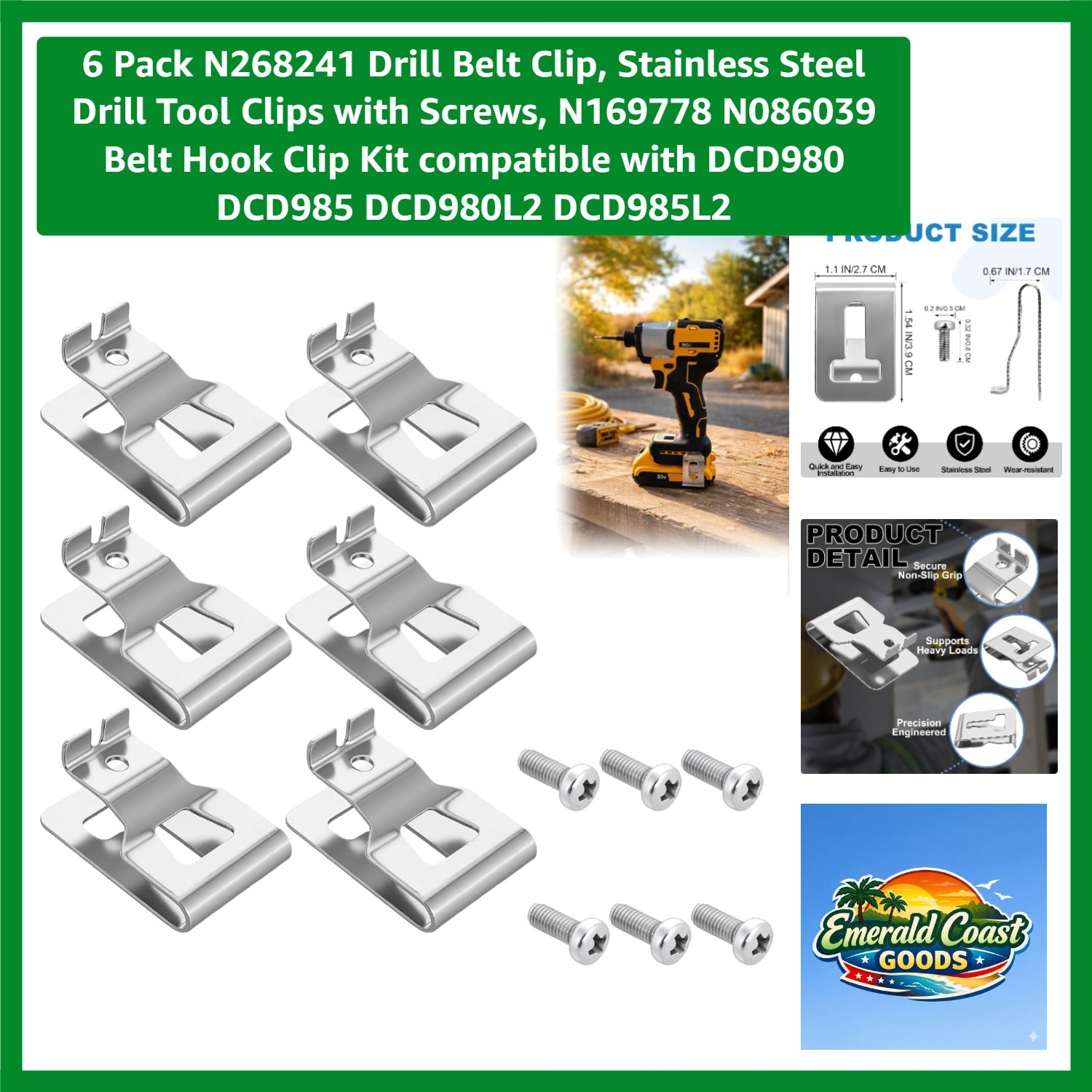 6-Pack Stainless Steel Drill Belt Clips for 20V DeWALT Tools – Easy Install Kit