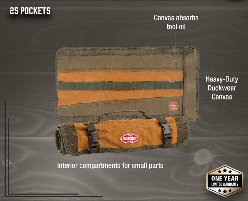 Tool Bag Roll 26″W 25-Pockets Heavy-Duty Canvas Rolled Up Quick-Release Buckles