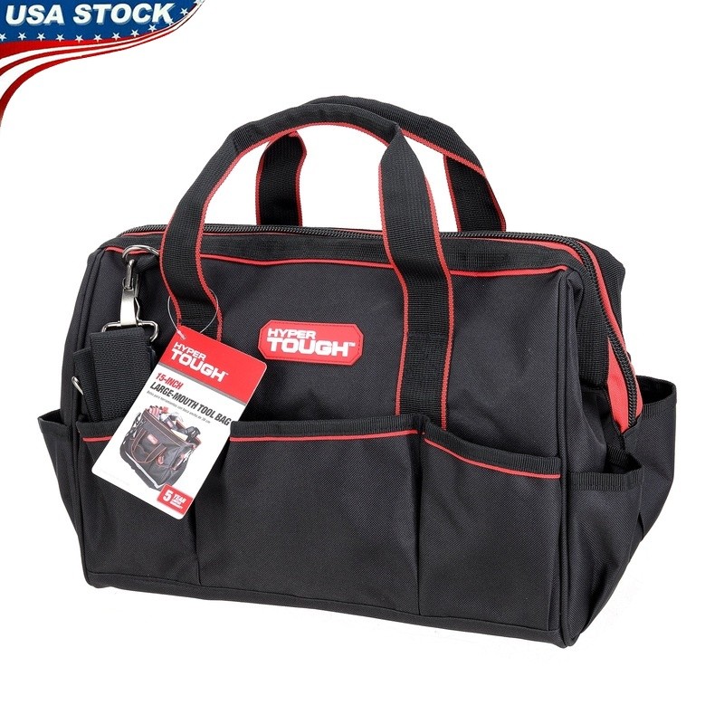 15 Inch Large Mouth Tool Bag W/ 8 Pockets Adjustable Strap & Rubber Feet New