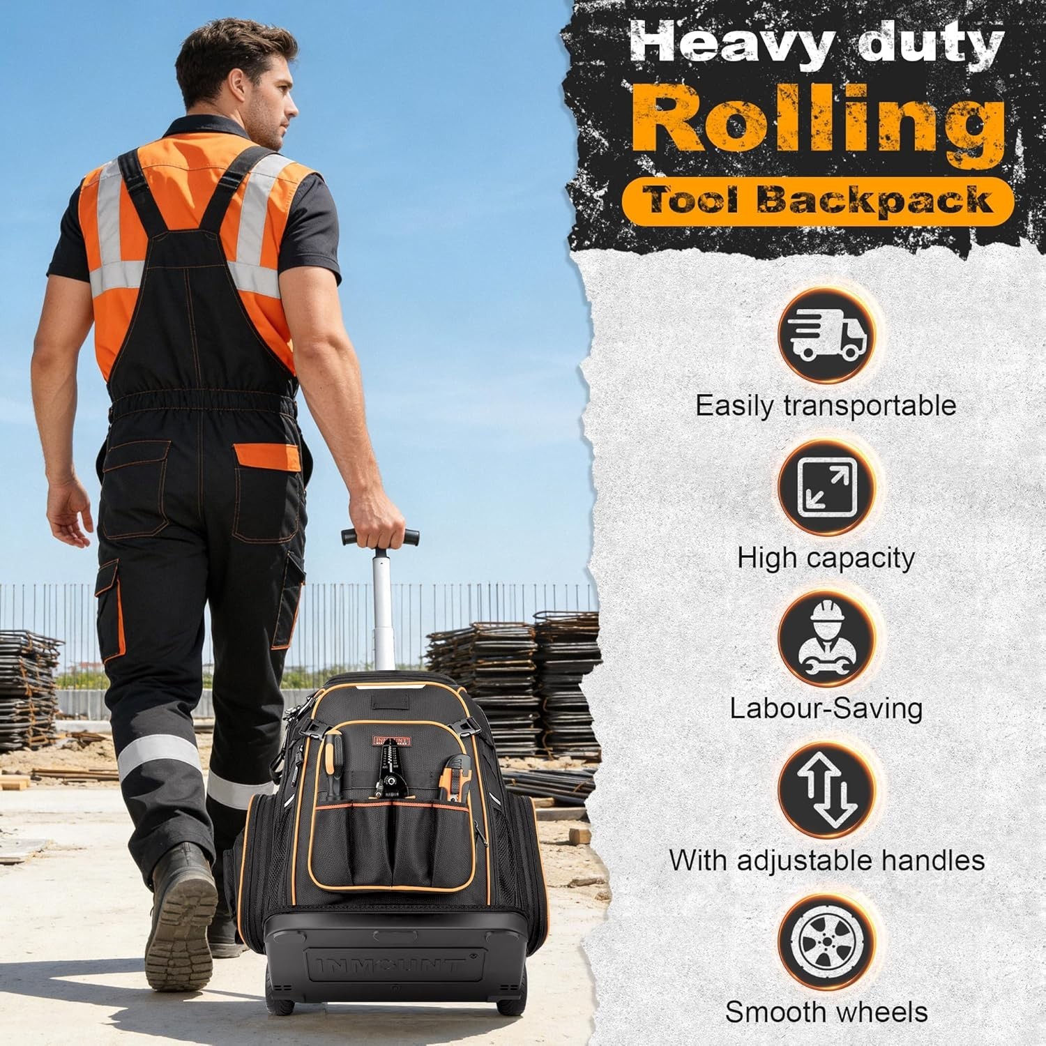 Rolling Tool Backpack Bag with Wheels, Heavy Duty Tool Bag on Wheels for Men, HV