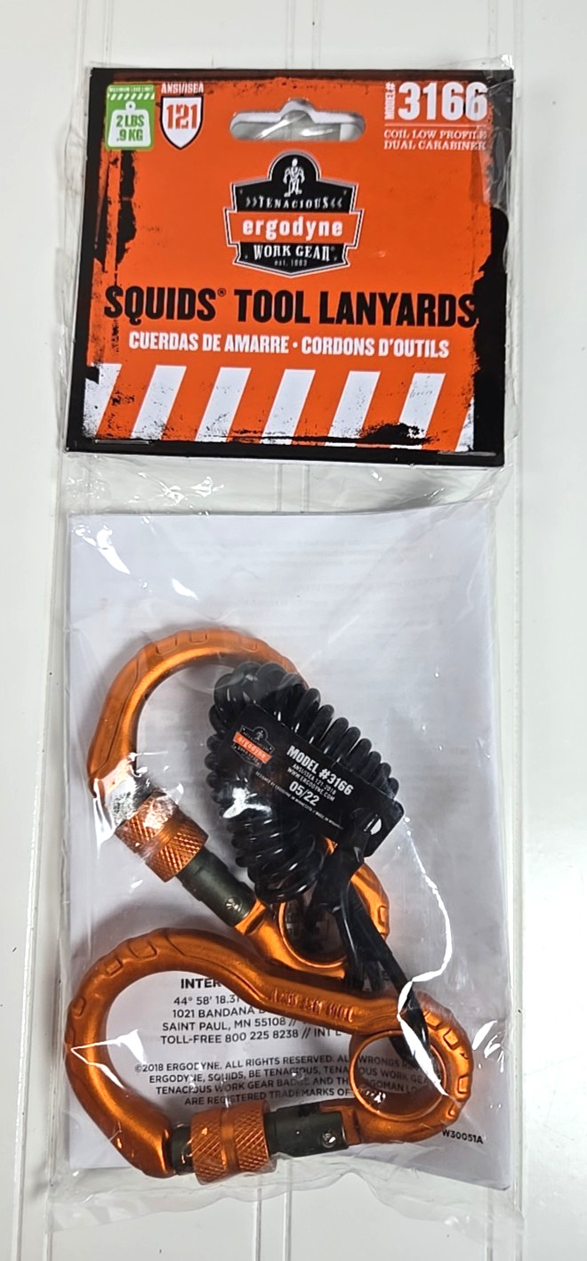Ergodyne Squids 3166 Coil Tool Lanyard with Dual Carabiner, 2lbs