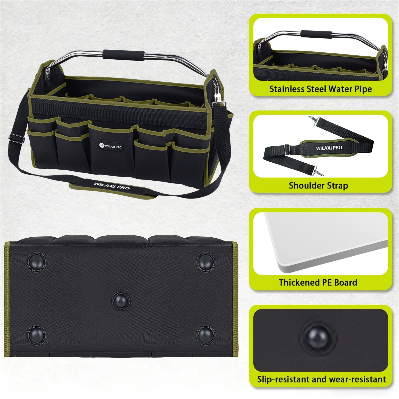 20in Foldable Open Top Tool Bags For Men Heavy Duty Hard Handle Green Tote