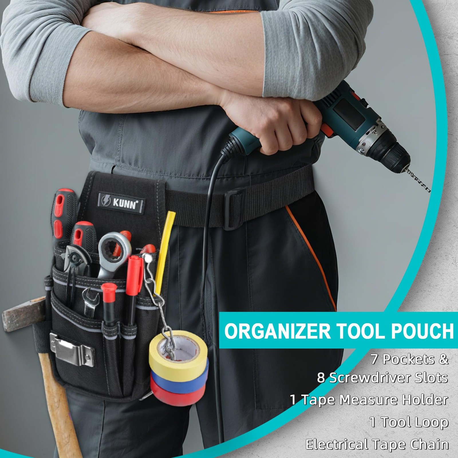 Tool Pouch7-Pocket Electrician Pouch with Belt ClipTool LoopTape Thong and Ta…