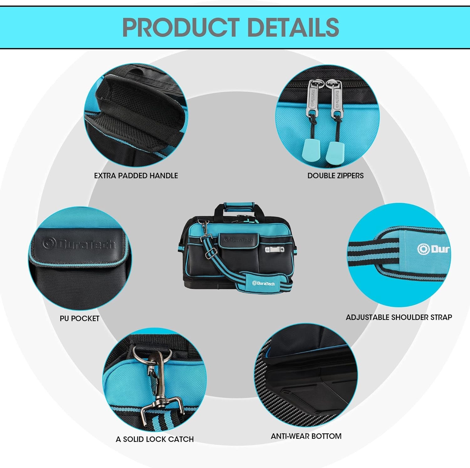 DURATECH 17″ Wide Mouth Tool Bag, Large Storage 32 Pocket Blue, Black