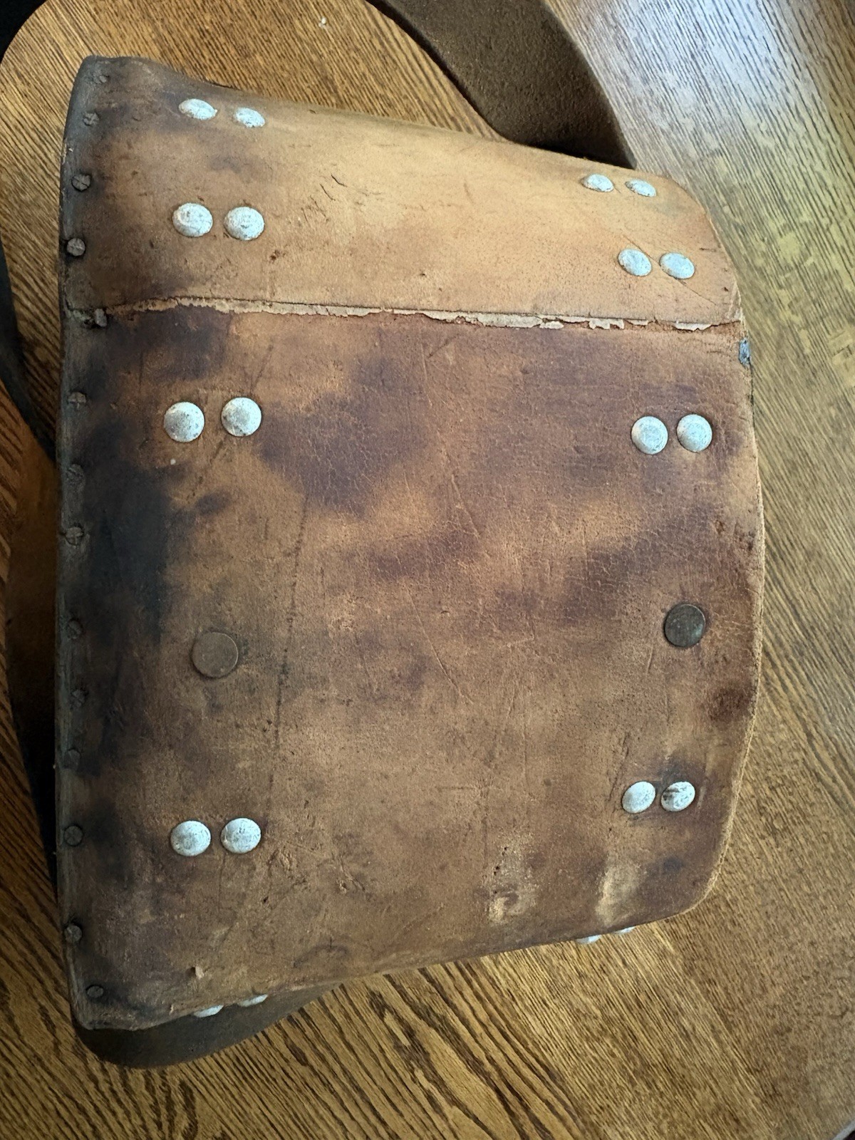 Early 20th century industrial riveted & stitched mechanic Leather Wood tool bag