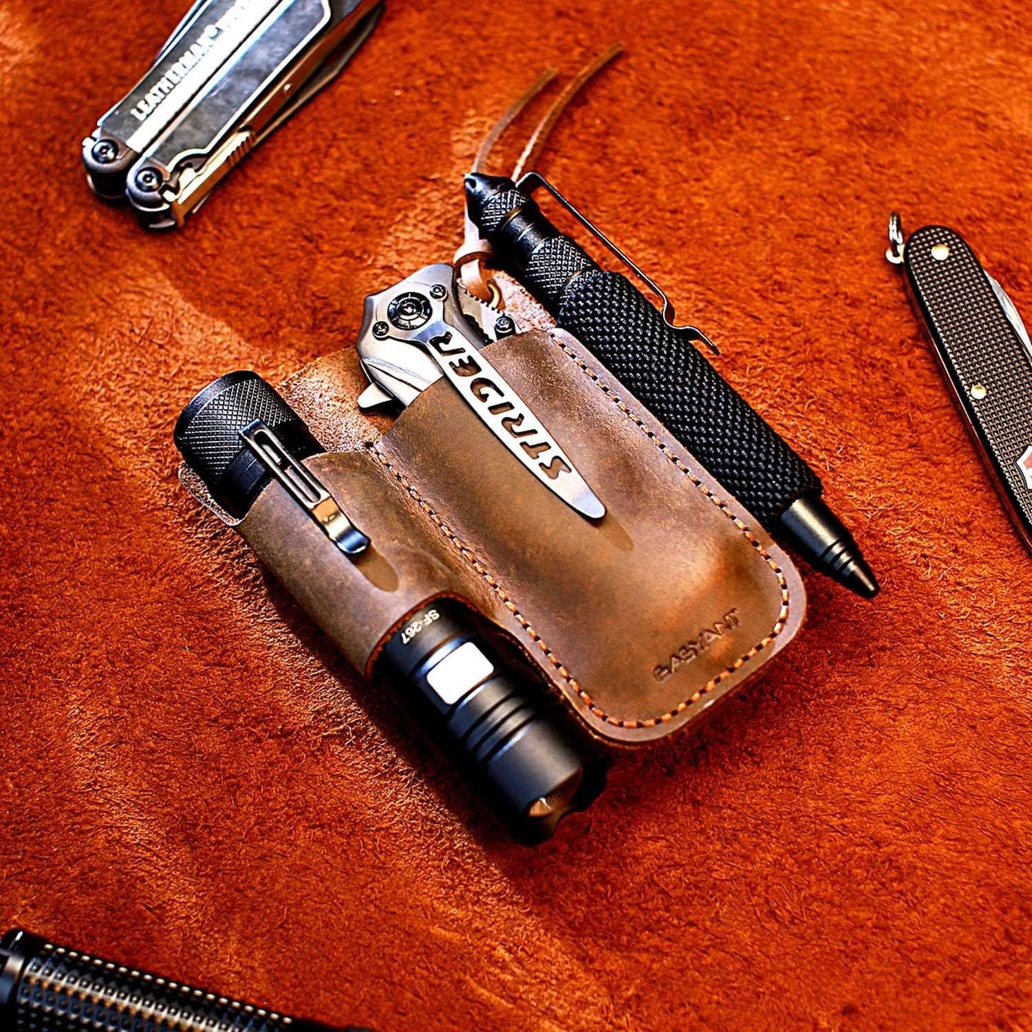 Men Leather EDC Organizer Sheath Handmade Tactical Tool Pouch with Belt Clip