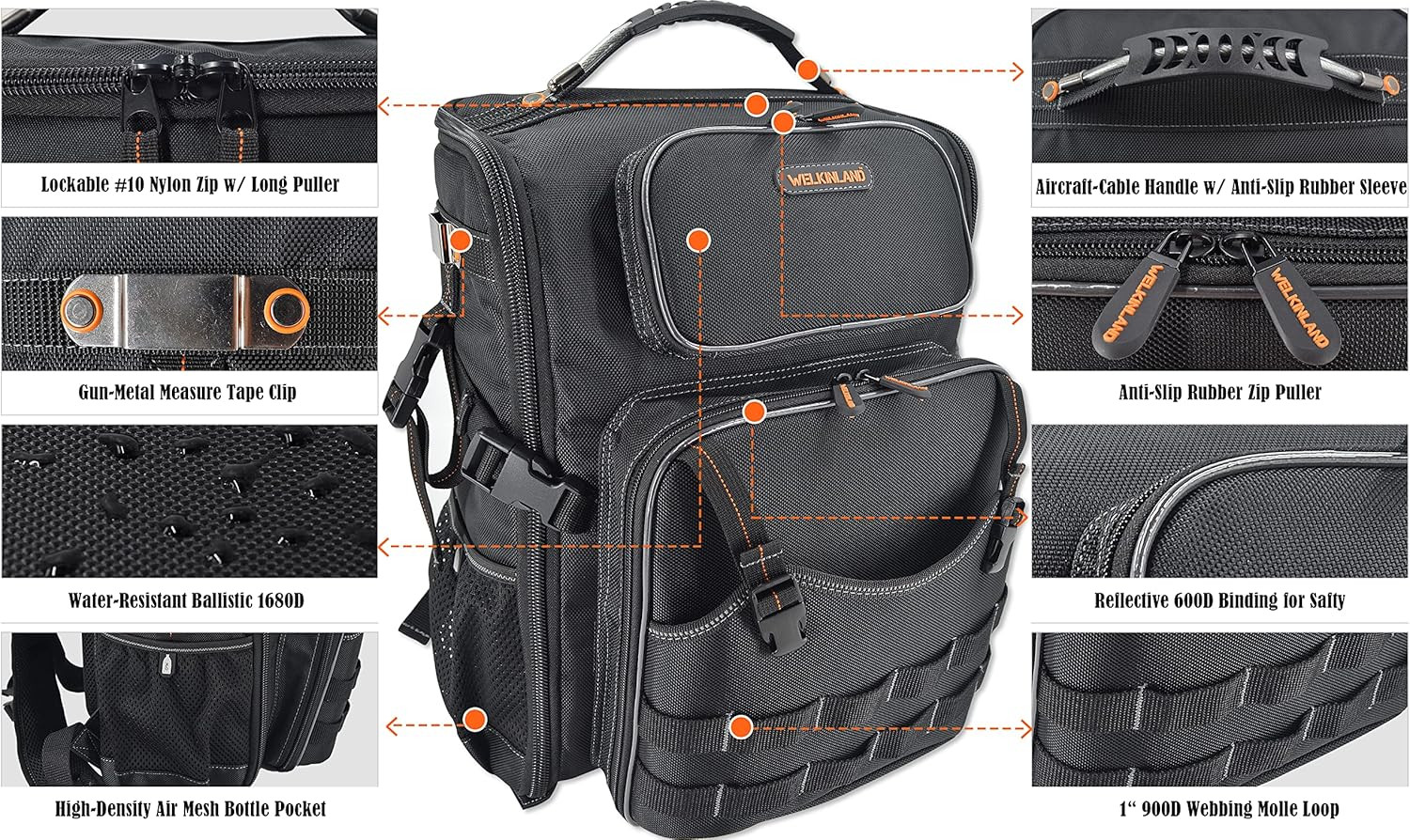 WELKINLAND Full-Open Tool Backpack, Tool Backpack for Men,Tools Backpacks for El