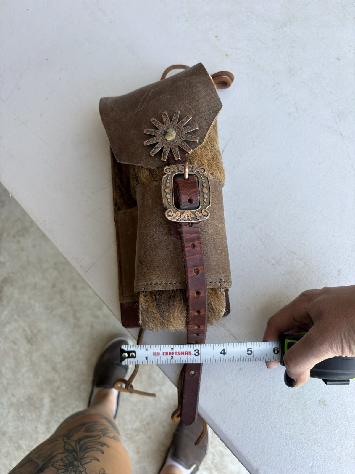Brown Leather Water bottle Belt Loop Buckle Strap Concho Hair-On Hide 4×11″