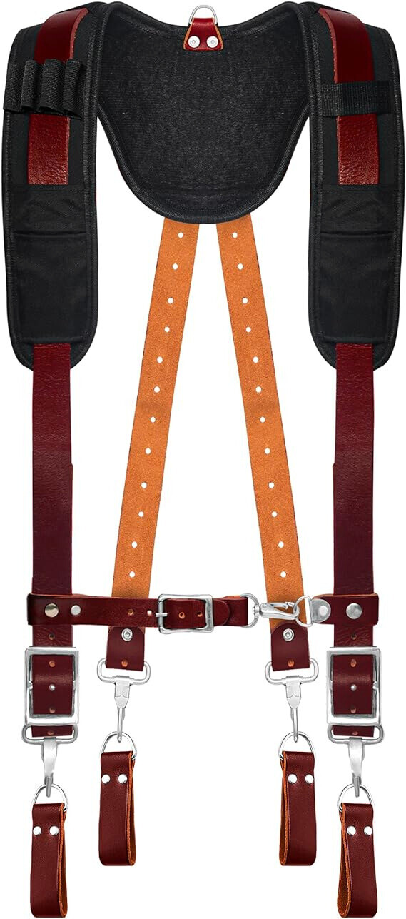 Leather Tool Belt Suspenders Padded with 4 Detachable D-Loop for Construction