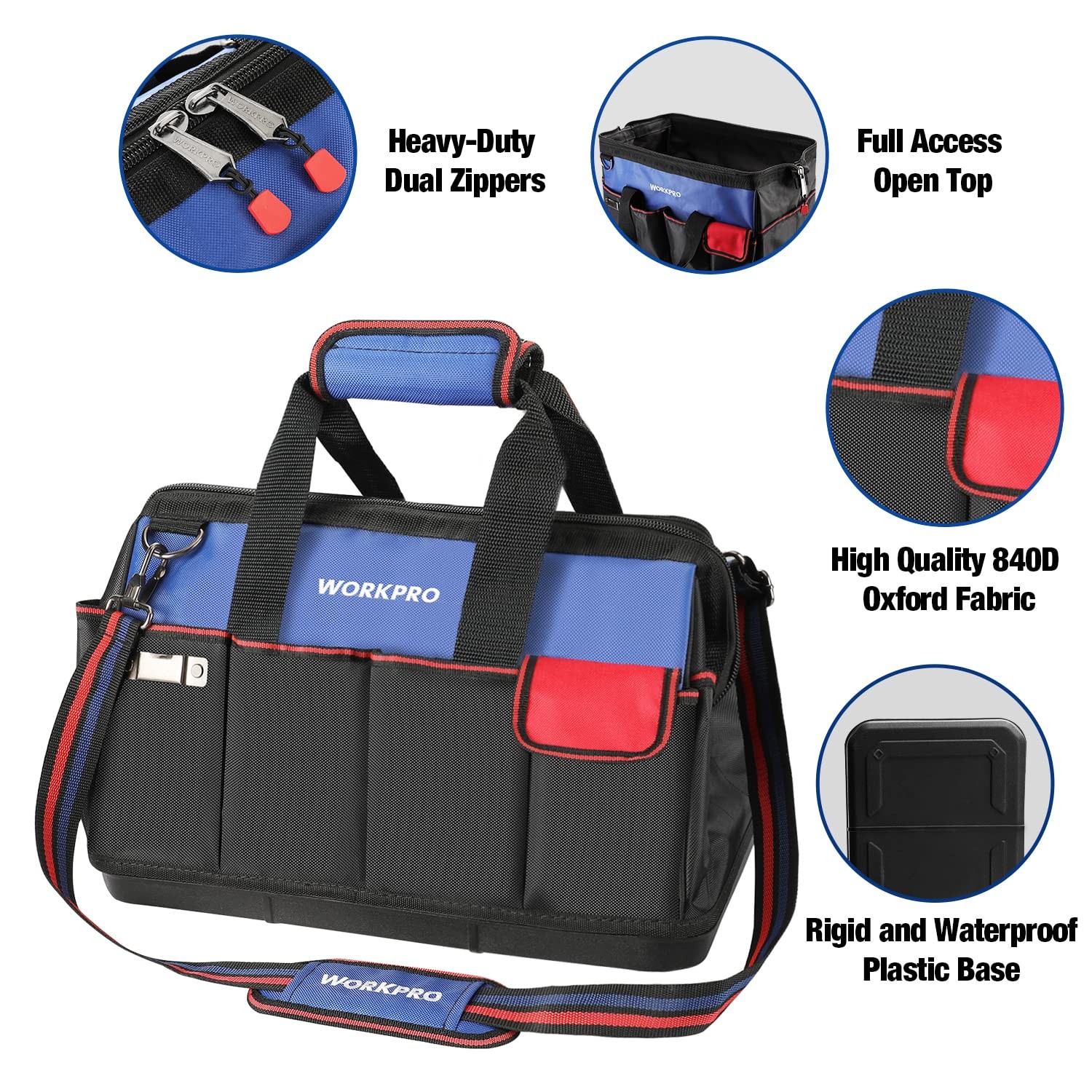 WORKPRO Tool Bag, 18 Inch Bag with 18″ x 12.6″ x 10″, Blue&Black