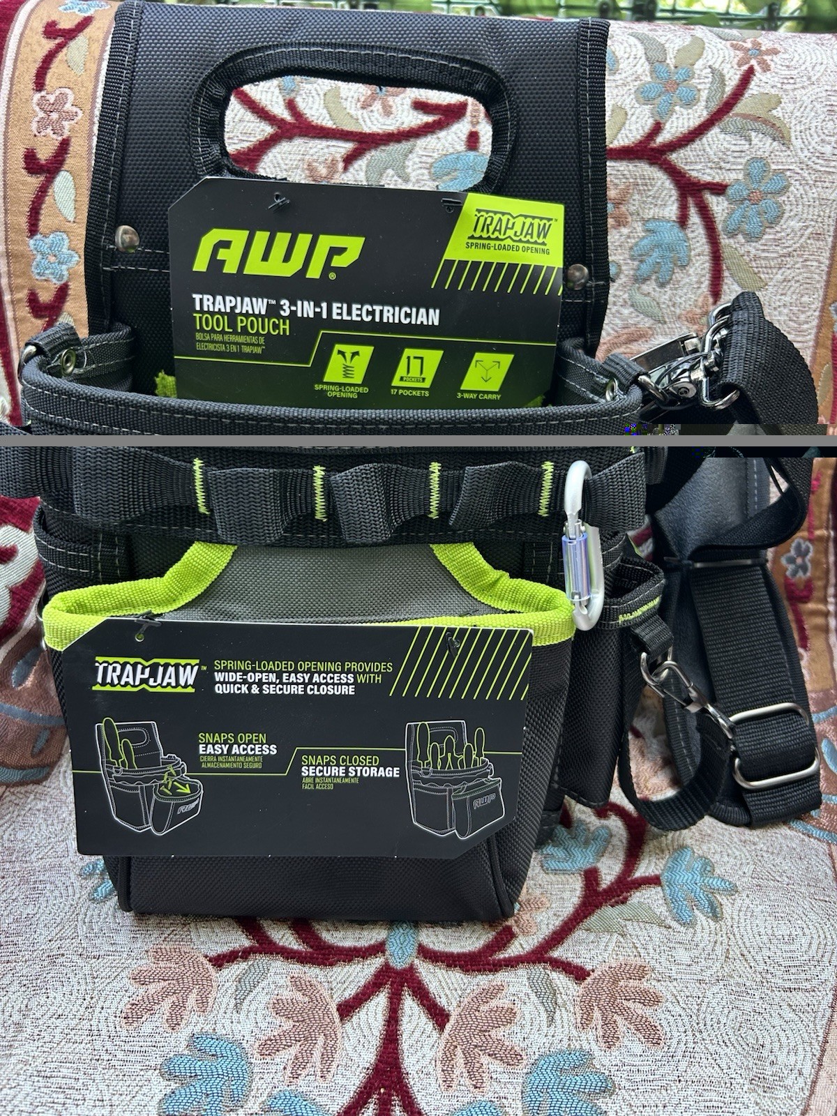 AWP TrapJaw 3-in-1 Electrician Tool Pouch, Adjustable Strap, Black/Green