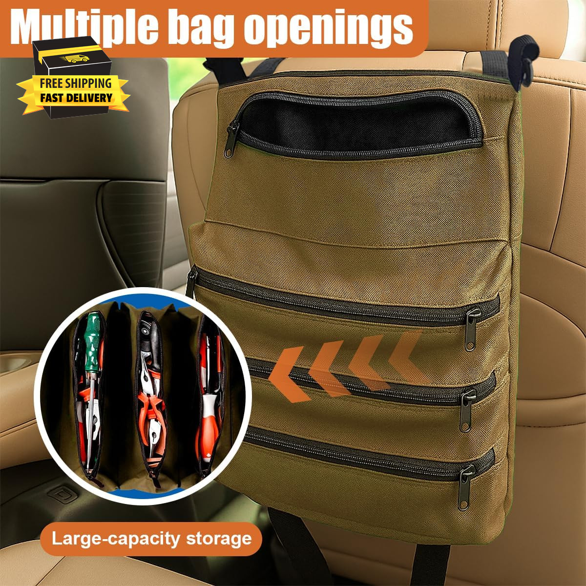 Car Seat Organizer, Oxford Cloth Roll up Tool Bag with 5 Zipper Pockets, Hanging
