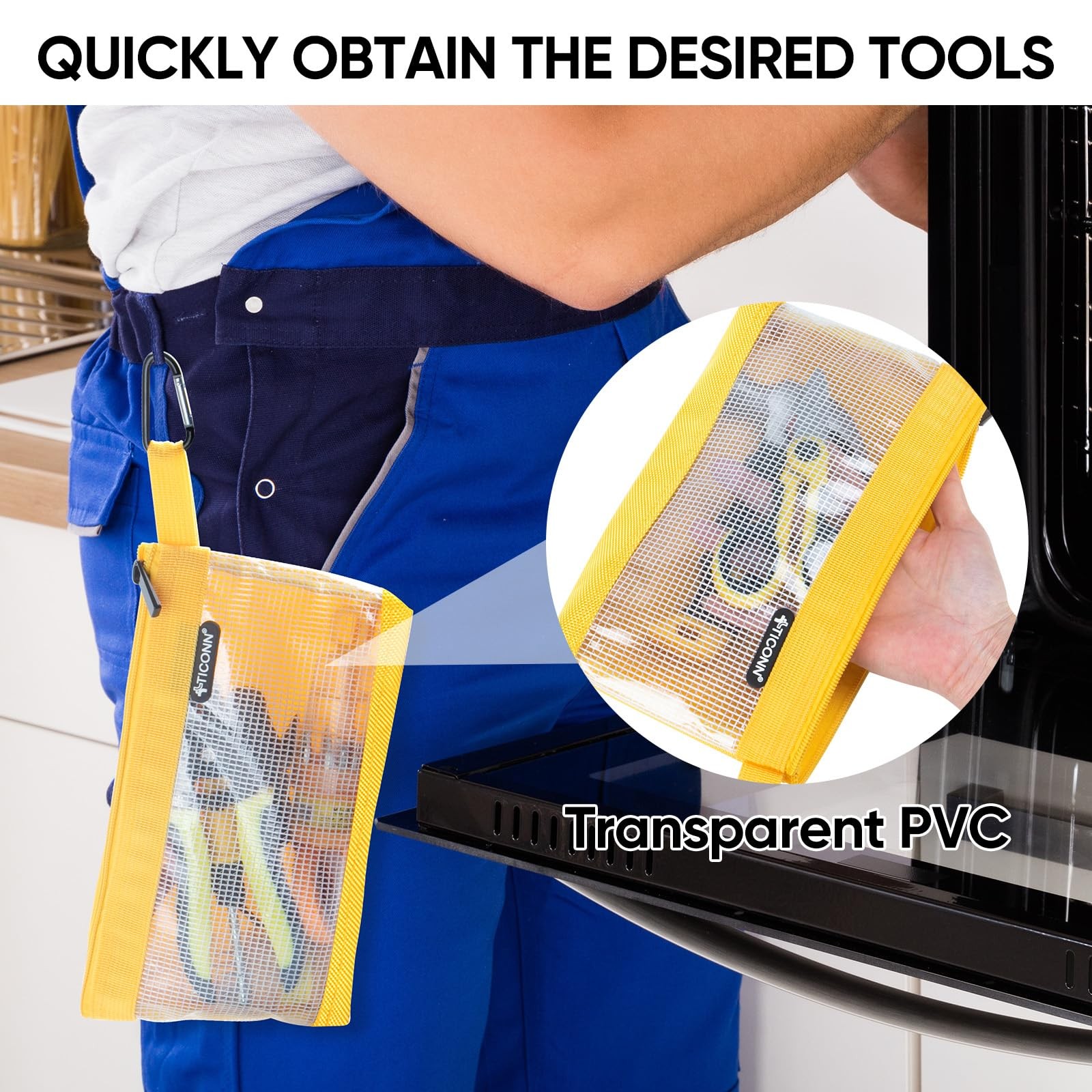 TICONN Tool Pouch, 1680D Oxford Small Tool Bag, Tool Pouches with Zipper, Clear