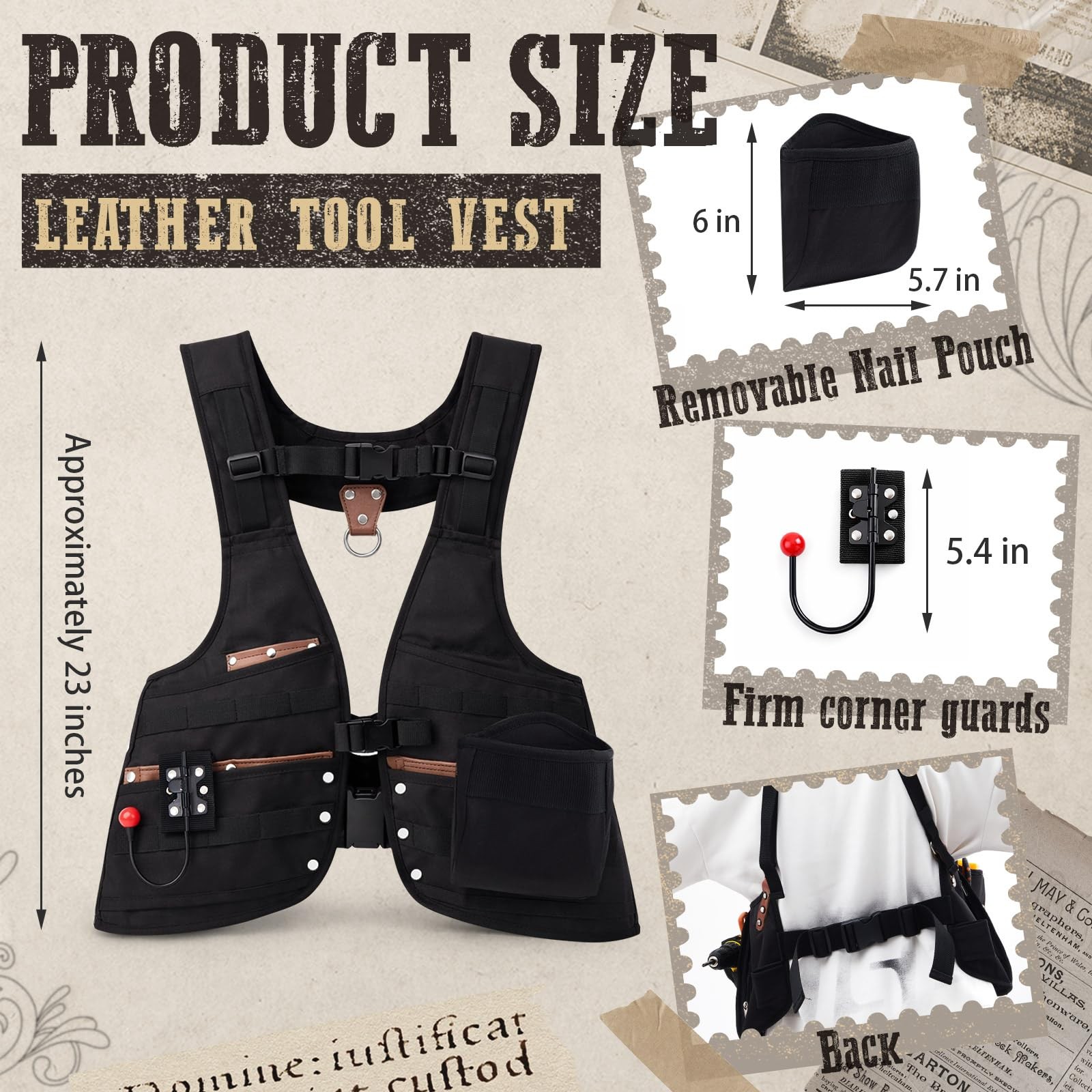 1 Pack Tool Vest with Leather, 33 Pockets with Removable Nail Pouch and Drill.