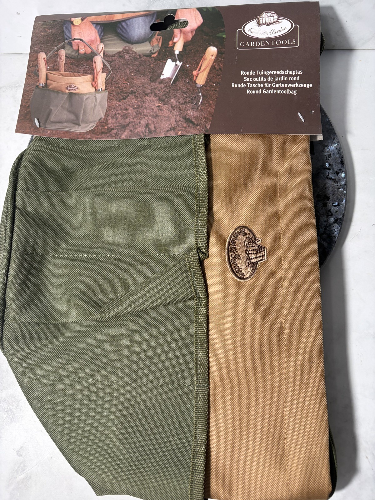 Esschert Design Canvas Round Tan & Green Garden Work Tool Bag
