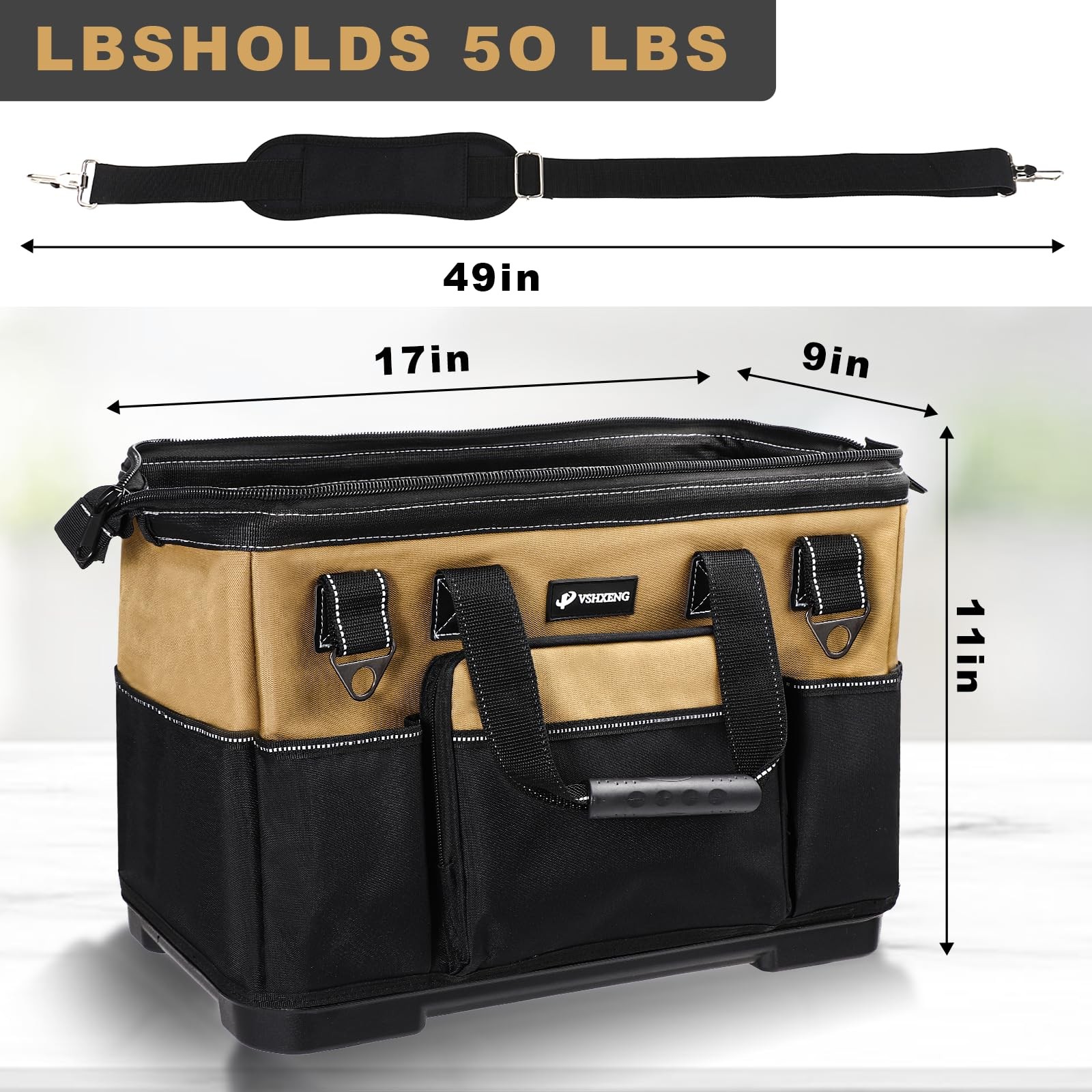 17Inch Large Heavy Duty Tool Bag Waterproof Hard Bottom Multiple Pockets Tote