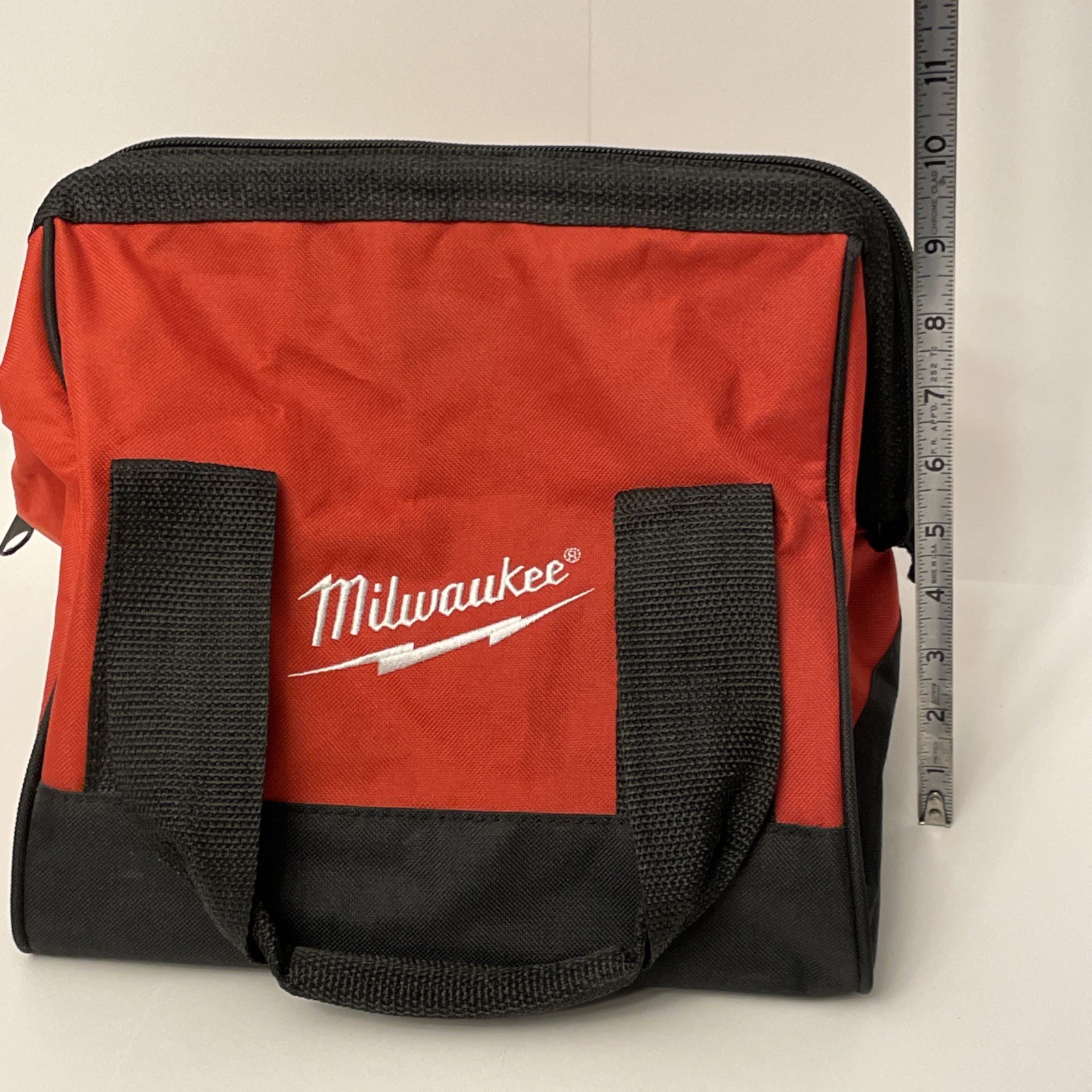 Milwaukee Tool Bag Red w Black 11x11x9 Zipper Wide Mouth VG Condition