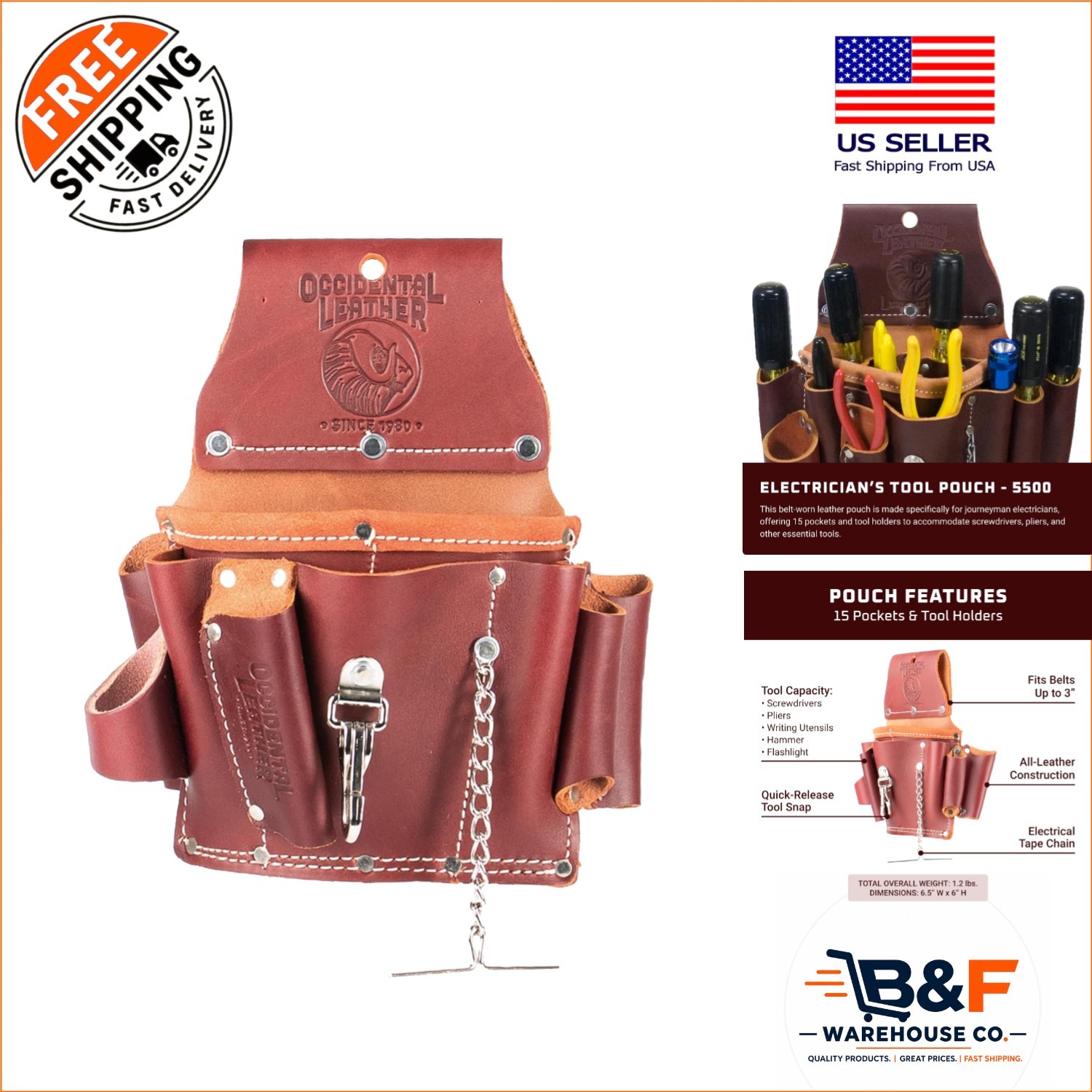 Occidental Leather 5500 Electrician’s Tool Pouch – Streamlined, 15-Pocket Design