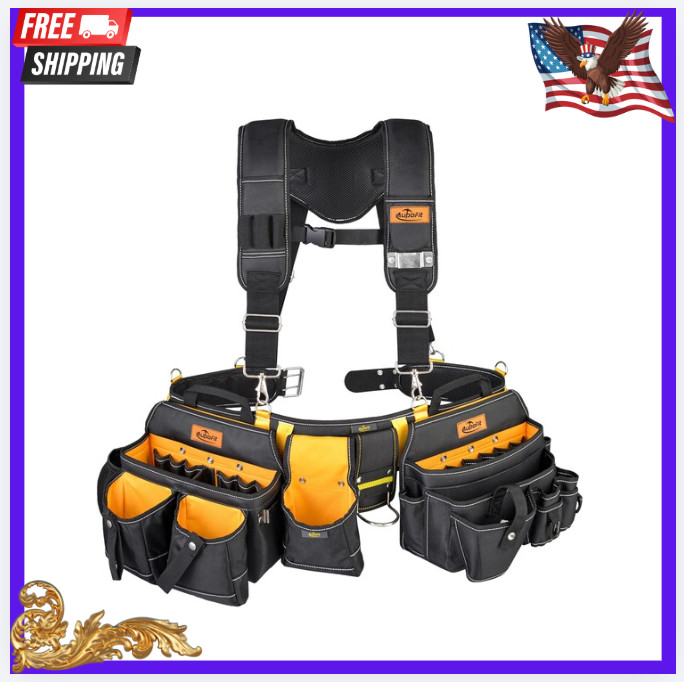 New 7Pc Tool Belt with Suspenders 32 Pocket Carpenter Electrician Rig