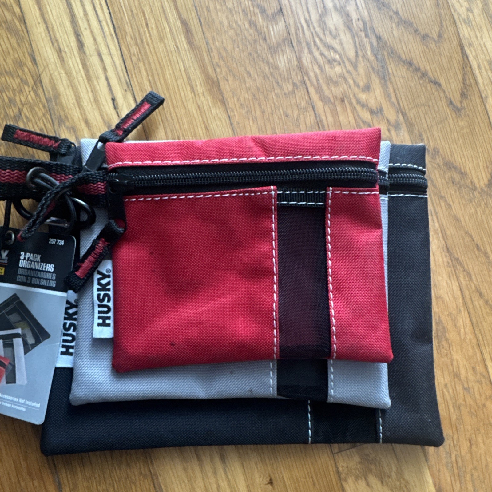 HUSKY Storage Pouch bag set of 3 See-thru Mesh Flap Heavy Zipper Black Grey Red