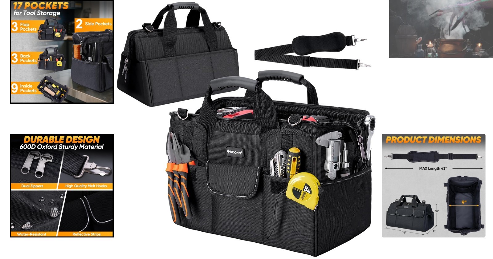 Durable 16″ Tool Storage Tote – Ergonomic Design with Reflective Safety Strips