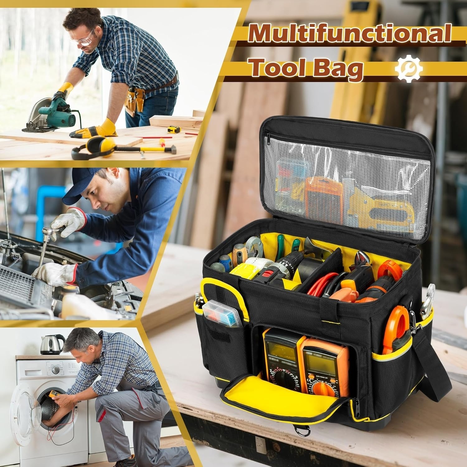 16-inch Tool Bag with Hard Bottom and a Detachable Divider, Heavy Duty