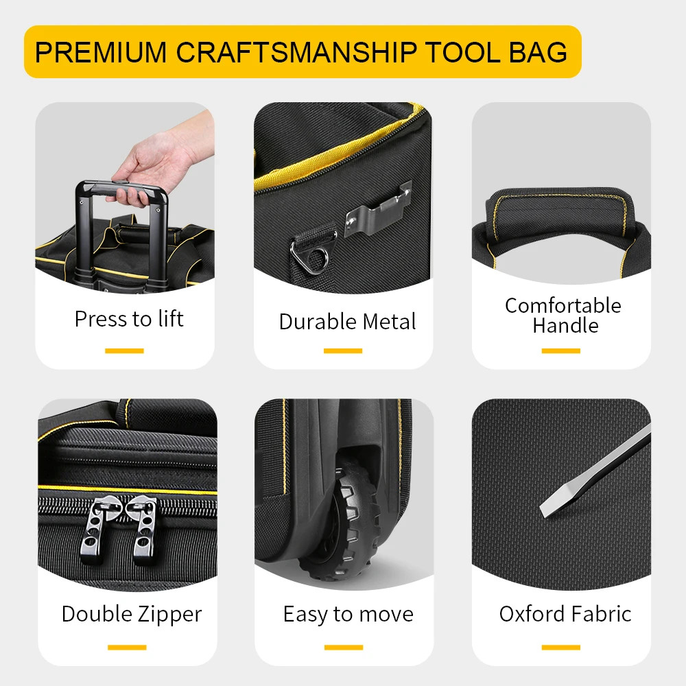 18” Rolling Tool Bag with Wheels Telescopic Handle 32 Pockets Heavy Duty