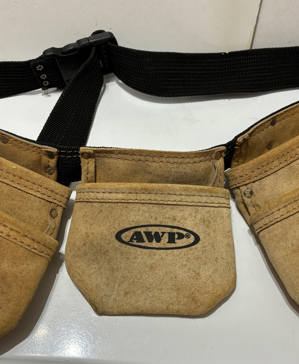 AWP L-490 Suede Leather Carpenters Tool Belt With Pouches & 2 Metal Hammer Loops