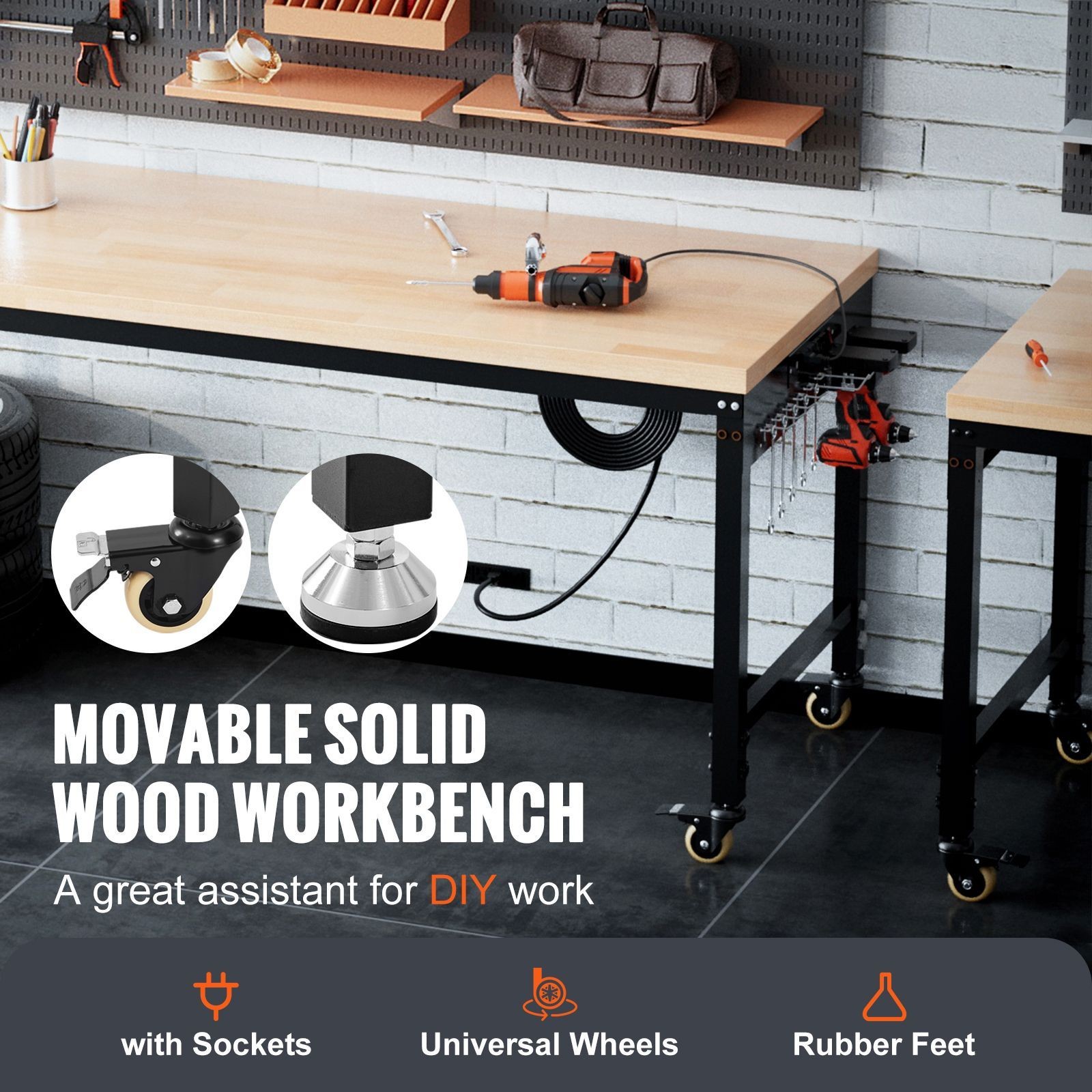 Adjustable Workbench, 72″ L X 25″ W Garage Worktable with Universal Wheels, 28